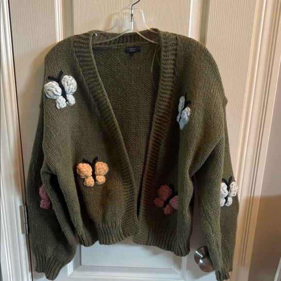 Debut Olive Green Butterfly Embroidered Sweater cardigan - Picture 1 of 6